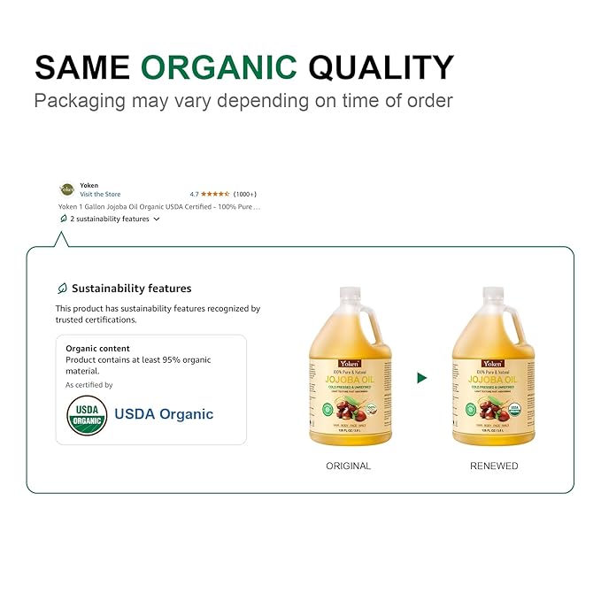 Yoken 1 Gallon Jojoba Oil EWG Verified - 100% Pure Jojoba Oils Bulk Cold Pressed Unrefined Hexane Free Virgin Golden jojoba Carrier Oil for Hair Skin Massage DIY Natural Body Moisturizer-GlimoraGlow