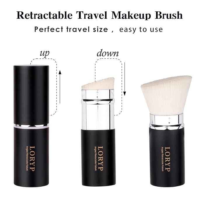 LORYP Retractable Makeup Brush Matte Black Kabuki Foundation Brush for liquid Cream and Powder Makeup 2 Pack Travel Makeup Brush Set-GlimoraGlow