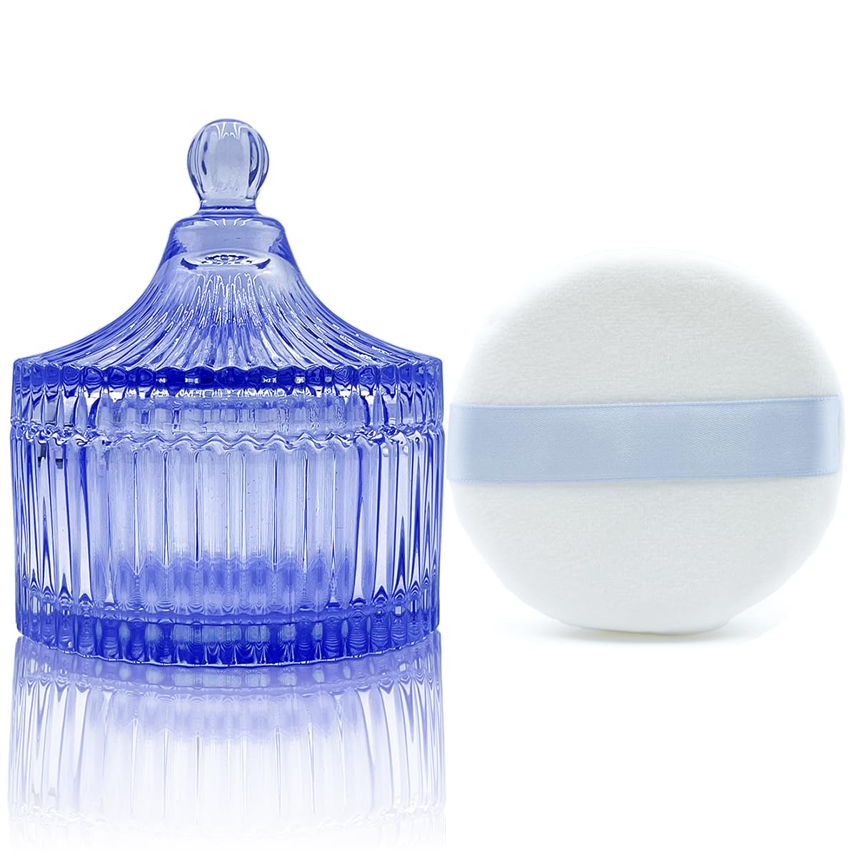 Ultra Soft Powder Puff and Container 3.3" High Density Velvet Dusting Washable Reusable Powder Puff,Body Powder Puff and Glass Jar Holder Loose Powder Box with Puff for Face Makeup(Blue)-GlimoraGlow