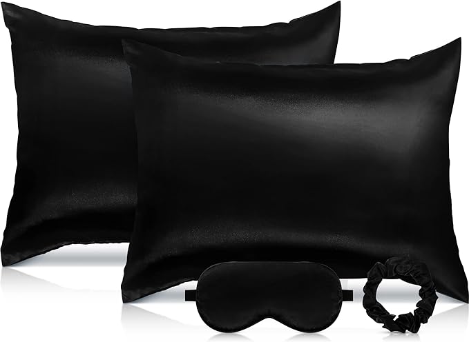 2 Pack Satin Pillowcase with Latent Zipper, Adjustable Satin Eye Mask for Sleeping and Satin Volume Scrunchie for Hair and Skin, Standard Size (Classic Style, Black)-GlimoraGlow