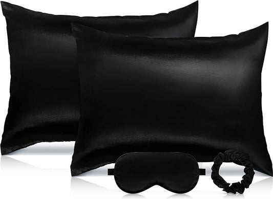 2 Pack Satin Pillowcase with Latent Zipper, Adjustable Satin Eye Mask for Sleeping and Satin Volume Scrunchie for Hair and Skin, Standard Size (Classic Style, Black)-GlimoraGlow