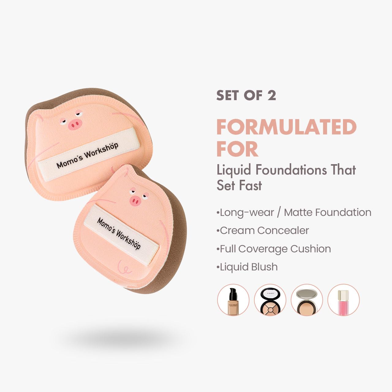 Sleepy Pig Puffs, Makeup Sponges Set, Dry&Wet Dual-Use Foundation Sponge - Hydrophilic Polyurethane, Expands 1.3x When Wet for Cream Foundation/Liquid Blush/Highlighter,2pcs Puffs & Storage Case-GlimoraGlow