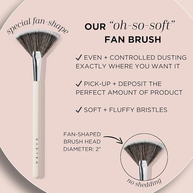 HALEYS Fan Brush VEGAN+CRUELTY-FREE, Sustainable Wood, Vegan Bristles for Airbrushed Finish, For highlighter application, Streak-free, Perfect Blending, Blurs, Smooths with Control-GlimoraGlow