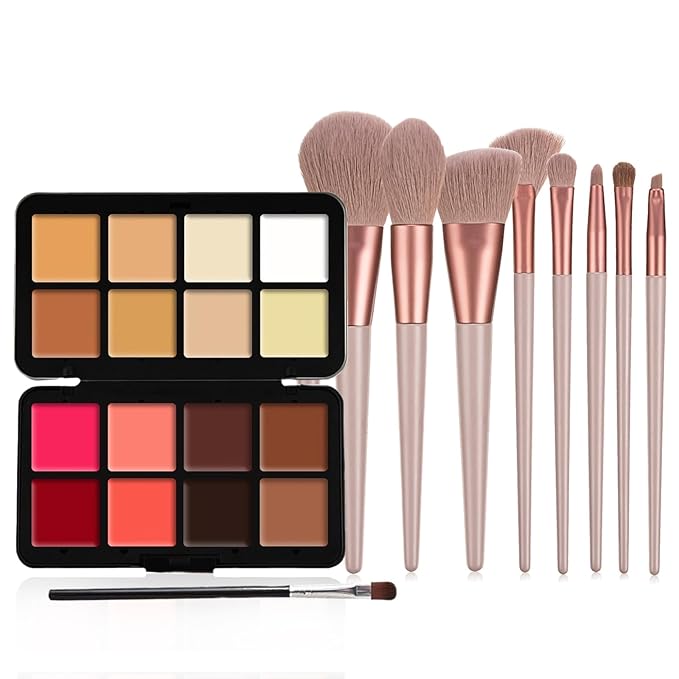 16 Color Cream Makeup Palette, Blush Concealer Highlighter Contour Palette, Multi-functional Makeup Palette with 8 Brushes, Face Make Up Gift for Women Girls-GlimoraGlow