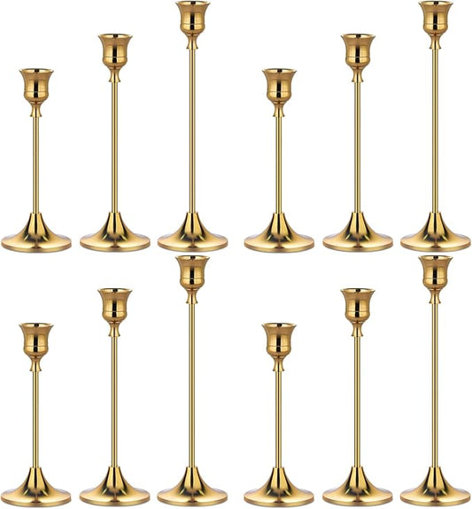 Metal Candle Holders for Candlesticks Taper Candlestick Holders Set Vintage Decorative Centerpiece Candelabra Tall Candle Stands for Halloween Thanksgiving Christmas (Gold, 4 Sets (12 pcs))