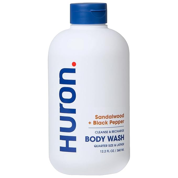 Huron Men’s Moisturizing Body Wash - Clean & Woody Scent of Sandalwood, Black Pepper, Cedarwood, & Amber - Made With Coconut Oil, Vitamin E & Witch Hazel - Vegan, Cruelty-Free - 12.2 fl oz-GlimoraGlow