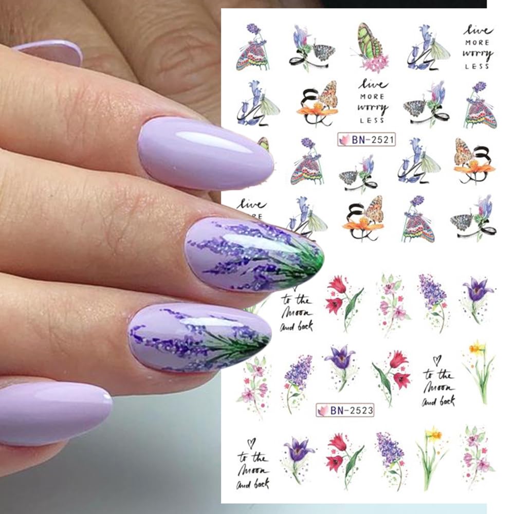 12 Sheets Flower Water Transfer Nail Stickers Purple Fresh Flower Nail Art Decals with Assorted Pattern Blossom Floral Butterfly Dragonfly DIY Nail Art supplies for Women Nail Decorations Manicure Tip-GlimoraGlow