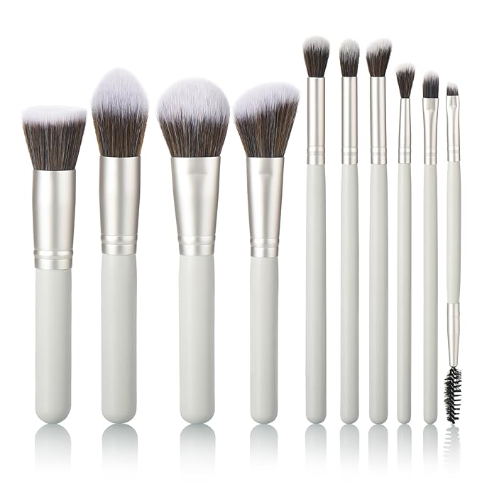 10 Piece Makeup Brushes - Grayish Green Wooden Handle with Soft Synthetic Bristles,for Face & Eye Makeup|Professional Makeup Brushes set for Women & Girls|-GlimoraGlow