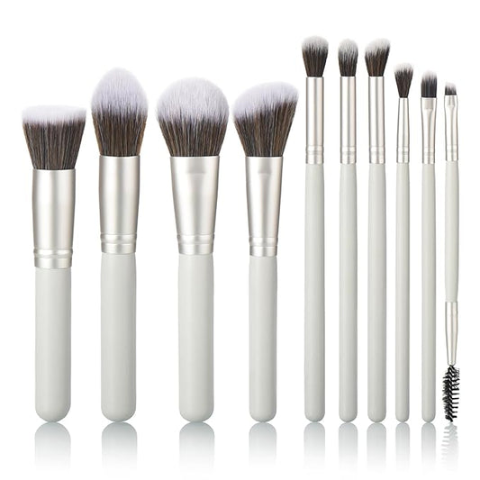 10 Piece Makeup Brushes - Grayish Green Wooden Handle with Soft Synthetic Bristles,for Face & Eye Makeup|Professional Makeup Brushes set for Women & Girls|-GlimoraGlow