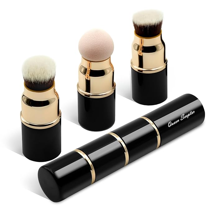 3 in 1 Professional Liquid foundation Makeup Brush Set Kabuki Face Blush Foudation Brush Powder Sponge for Powder/Liquid/Cream Travel Cosmetics Makeup Brushes with Cap-GlimoraGlow