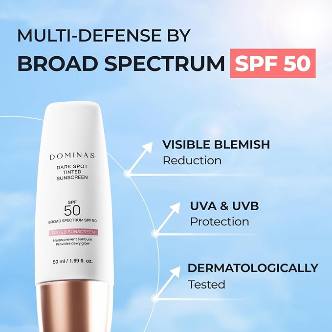 SPF 50 DOMINAS Tinted Sunscreen Moisturizer (1.7fl oz) - Tone Correction, Korean Skin Care, Broad-Spectrum UV Defense Sunblock, Water-in-Oil Formula for Lightweight, Panthenol, Sun Cream-GlimoraGlow