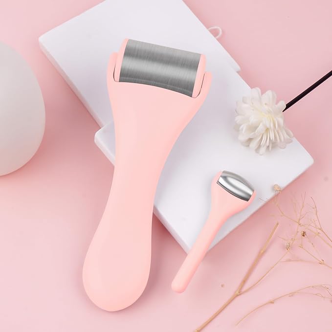 Ice Roller for Face and Eye 2 Pcs,Face Roller Skin Care for Puffiness,Migraine,Pain Relief,Eye Roller For Puffy Eyes Dark Circles,Stainless Steel Facial Roller (Pink)-GlimoraGlow