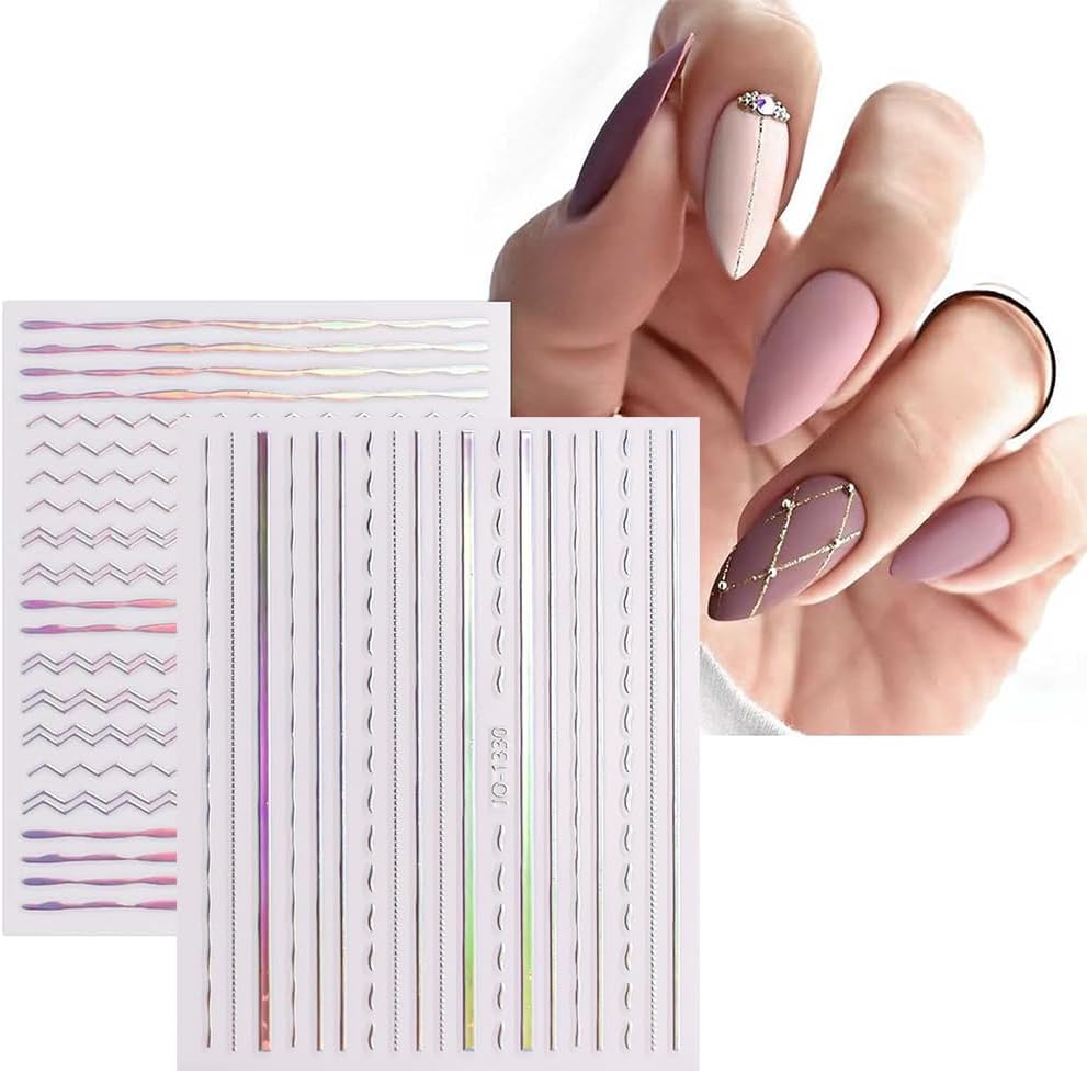 12 Sheets French Line Nail Art Stickers Aurora Star Heart Nail Decals Self-Adhesive Pegatinas Uñas Glitter Holographic Laser Silver Nail Supplies for Women Nail Art Design Decoration-GlimoraGlow