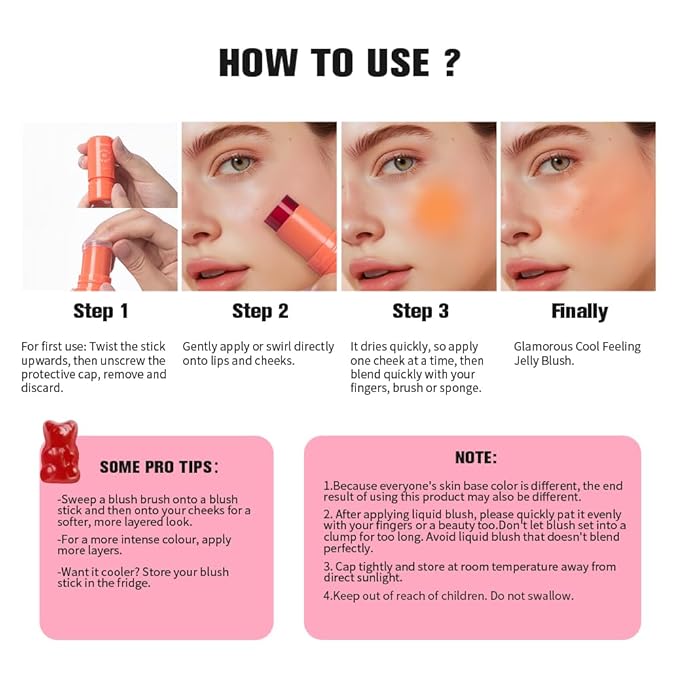 Jelly Cooling Blush Stick, Milk Water Tint, Clear Glossy Long Lasting Sheer Lip & Cheek Stain, Waterproof Light Non-Sticky Buildable Watercolor Finish-Vegan (#1 poppy pink, 0.17oz)-GlimoraGlow