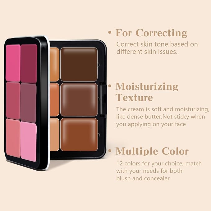 12 Colors Color Correcting Concealer Foundation Palette, Cream Blush and Concealer Palette, Long Wearing Smudge Proof Blendable Matte Finish Blush Powder Highlighter Cream Contour Palette Makeup (02)-GlimoraGlow