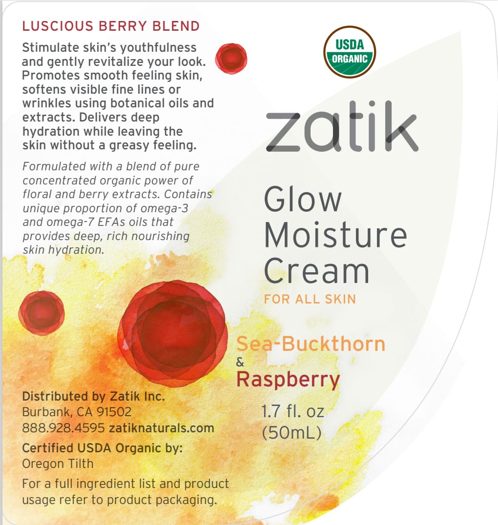 Zatik Naturals - Glow Moisture Cream, Sea-Buckthorn & Raspberry Luscious Berry Blend, USDA Certified Organic, Vegan, Non-GMO, Gluten Free, Alcohol Free, pH Balanced, Biodegradable, 1.7 oz, 50 mL-GlimoraGlow