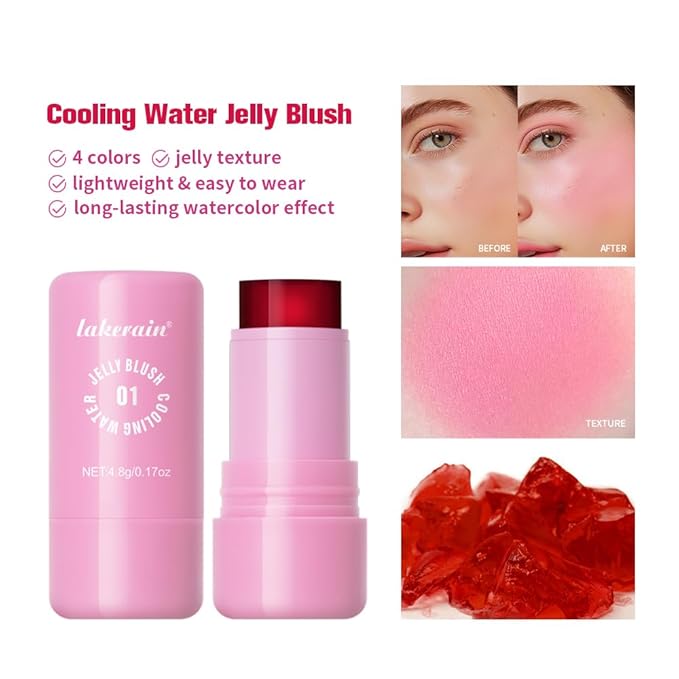 Jelly Cooling Blush Stick, Milk Water Tint, Clear Glossy Long Lasting Sheer Lip & Cheek Stain, Waterproof Light Non-Sticky Buildable Watercolor Finish-Vegan (#1 poppy pink, 0.17oz)-GlimoraGlow