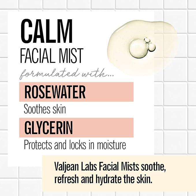 VALJEAN LABS Face Mist - Calm | Rosewater + Glycerine | Calms, Moisturizes, Soothes | Helps to Even Complexion | Paraben Free, Cruelty Free, Made in USA (8 oz)-GlimoraGlow