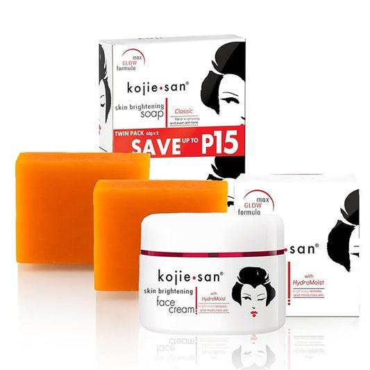 Kojie San Skin and Body Soap 2 Piece Set – Original Kojic Acid, Dark Spot Remover Soap Bar with Coconut & Tea Tree Oil – 65g x 2 Bars & 30g Face Cream-GlimoraGlow