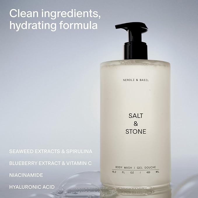 Salt & Stone Body Wash for Women & Men | Neroli & Basil | Hydrating Gel Cleanser | Clean & Soften Skin | Made with Niacinamide & Hyaluronic Acid | Free From Parabens, Sulfates & Pthalates (15.2 fl oz)-GlimoraGlow