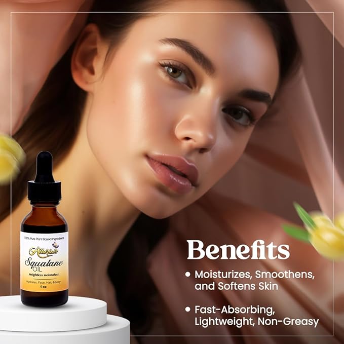 100% Organic & All Natural Plant-Based Squalane Oil for Face, Hair, & Body, Cold Pressed and Unrefined Premium Grade Multipurpose Facial Oil for Moisturize, Smooth, and Soften Skin - 1 Oz-GlimoraGlow
