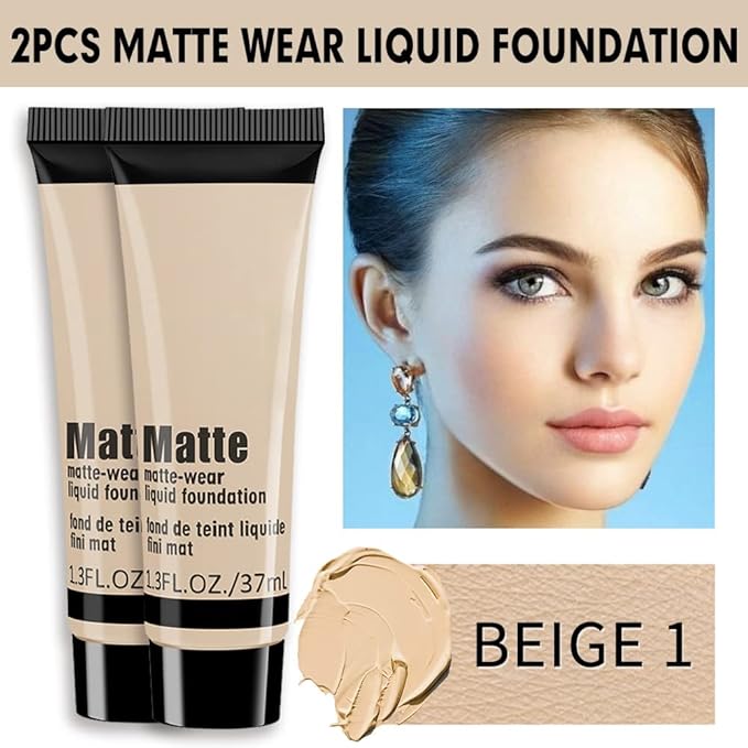 2 Pack Liquid Foundation Cream for Face Makeup,Durable Full Coverage Matte Concealer Make Up,Oil Control & Waterproof Base Primer -1+1 Fl.Oz-BEIGE 1#-GlimoraGlow