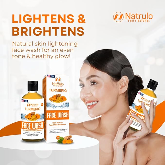Natrulo Turmeric Face Wash, 4oz Clear Skin Liquid Soap – 100% Natural Anti Aging Exfoliating Turmeric Facial Cleanser for Fading Spots, Clearing Acne Scars, Age Spots, Sun Damage, Discoloration-GlimoraGlow