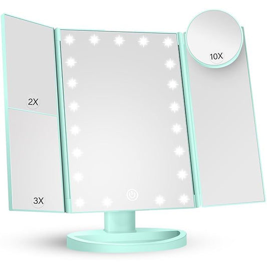 HUONUL Makeup Mirror Vanity with Lights, 2X 3X 10X Magnification, Lighted Mirror, Touch Control, Trifold Dual Power Supply, Portable LED Women Gift (Green)-GlimoraGlow