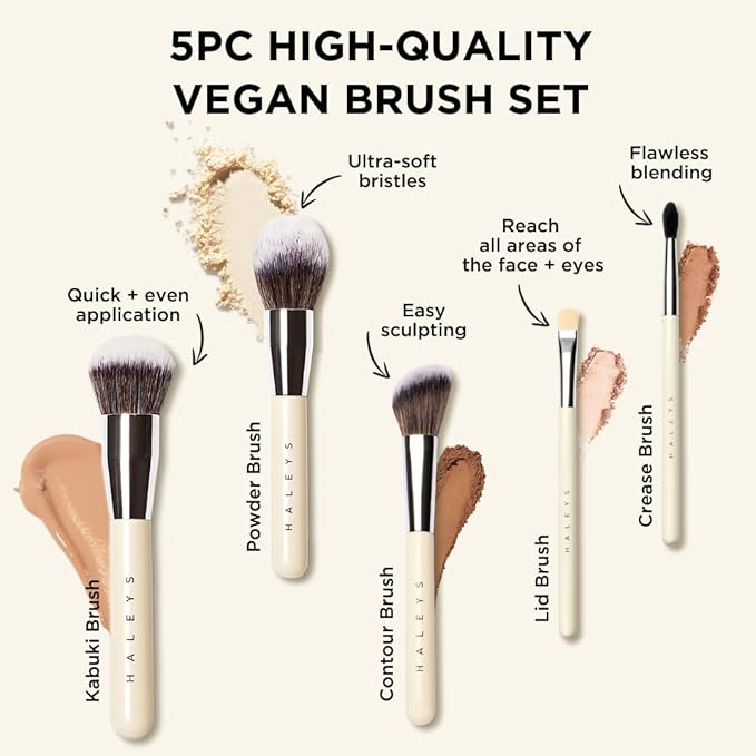 HALEYS Makeup Brush Set 5 pcs: Soft, Streak-free, Perfect Blending, Buff, Blurs and Smooth, Premium Luxury Vegan Bristles, For Liquid, Cream or Powder, Vegan, Cruelty-free, Sustainable Wood-GlimoraGlow