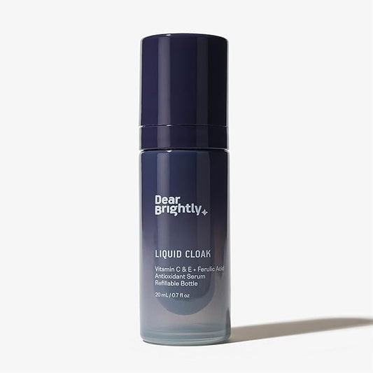 Vitamin C Serum with Ferulic Acid and Vitamin E for Glowing Radiant Skin by Dear Brightly, Liquid Cloak Facial Serum for Sensitive Skin, Refillable Glass Bottle, 0.7 fl oz-GlimoraGlow