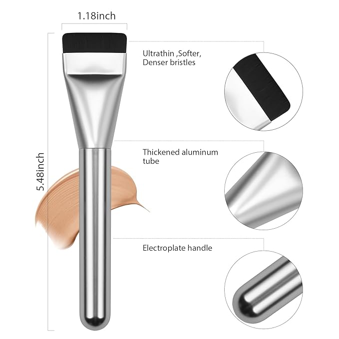 2Pcs Flat Foundation Brush,Face Mask Brush Makeup Spatula Facial Brush for Liquid Foundation Mask,Premium Face Korean Makeup Brush for Blending Cream (Silver&Silver)-GlimoraGlow