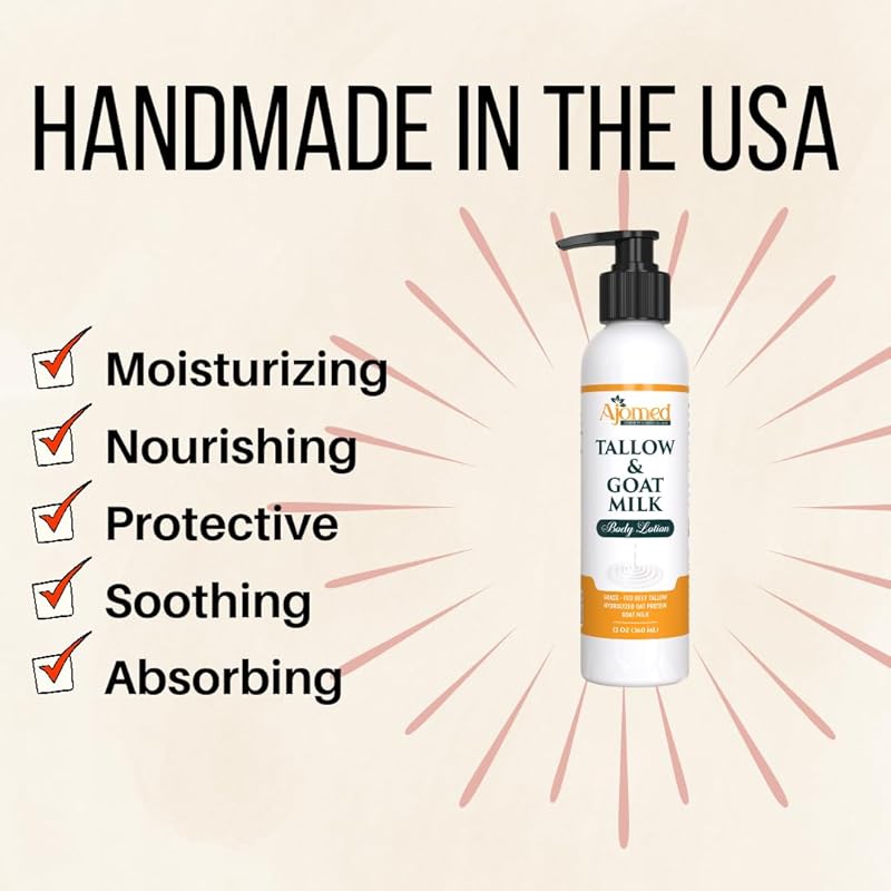 Grass Fed Beef Tallow & Goat Milk Body Lotion for Sensitive Skin, Organic Tallow Lotion - Soothes Dry Patches, Goat Milk Moisturizer - Handmade Tallow Body Lotion (Oatmeal & Honey, 8 Oz)-GlimoraGlow