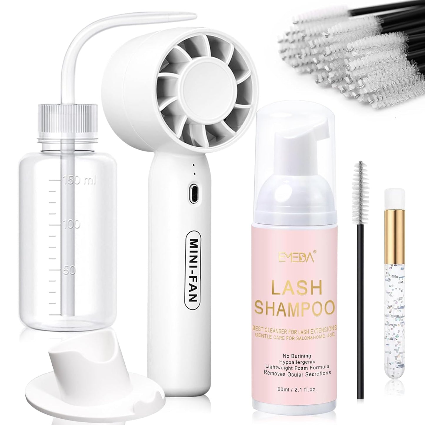 EMEDA Lash Shampoo Kit 2.02 fl oz Lash Cleaning Kit with Rechargeable Fan Dryer/Brush/Rinse Bottle, Oil-free Cleanser Wash for Extensions & Clusters & Natural Lashes, Cleaner for Eyelash Care(White)-GlimoraGlow