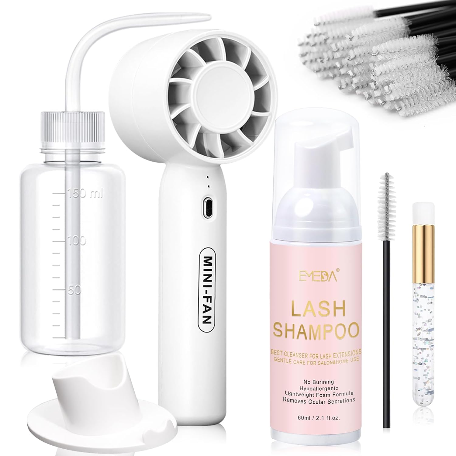 EMEDA Lash Shampoo Kit 2.02 fl oz Lash Cleaning Kit with Rechargeable Fan Dryer/Brush/Rinse Bottle, Oil-free Cleanser Wash for Extensions & Clusters & Natural Lashes, Cleaner for Eyelash Care(White)-GlimoraGlow