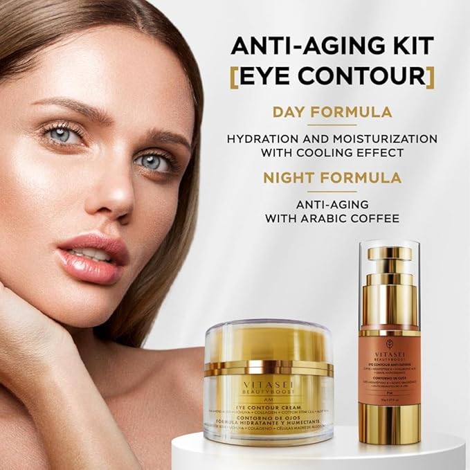 AM/PM Anti-Aging Kit Eye Contour Duo, Deep Hydration Eye Contour Cream with Cotton Stem Cells & Hyaluronic Acid (AM), Eye Contour Anti-Fatigue with Arabic Coffee for Under Eye Lines Protection(PM)-GlimoraGlow