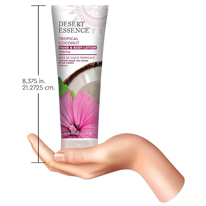 Desert Essence, Tropical Coconut Hand & Body Lotion 8 fl. oz. - Gluten Free - Vegan - Cruelty Free - Coconut Oil, Jojoba Oil & Vitamin E - Intense Hydration - Tropical Coconut Scent-GlimoraGlow