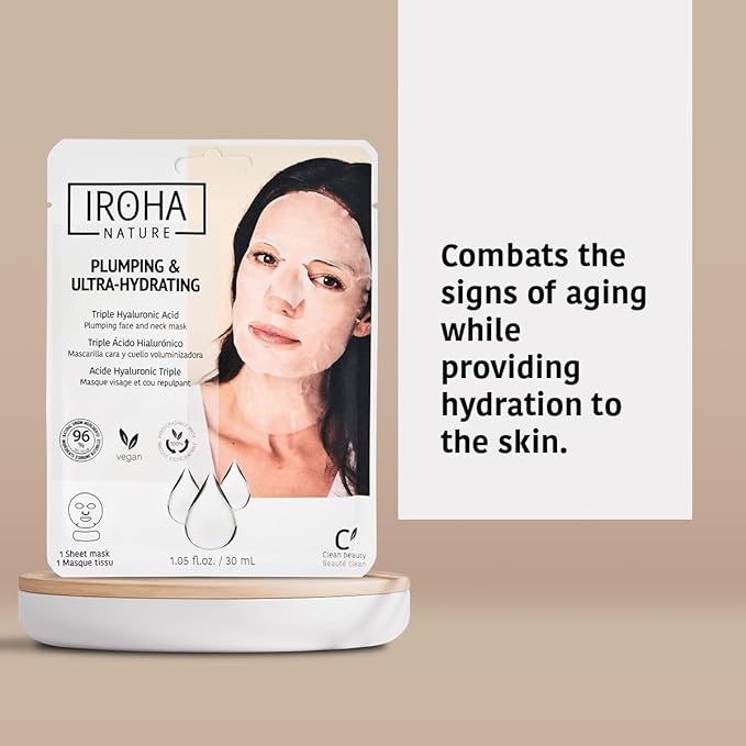 IROHA NATURE Replumping & Anti-Aging Tissue Face Mask (Pack of 5) | With Triple Hyaluronic Acid | Deep Hydration & Anti-Aging Effect | For Softer Skin | 100% Vegan-GlimoraGlow