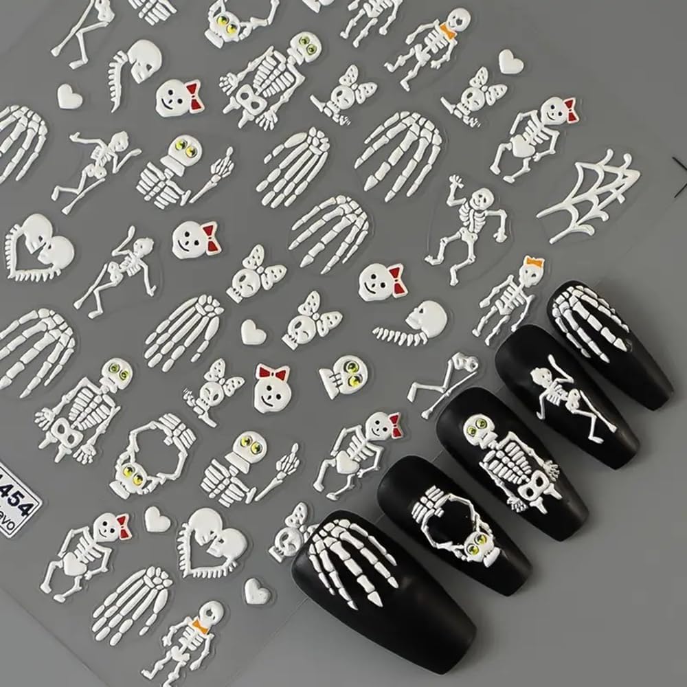 2 Sheets Halloween 5D Embossed Nail Art Stickers - Skeleton, White Skull Nail Stickers with Spider Web Heart Design - Self-Adhesive Horror Decals for Women - Art Supplies and Decorations-GlimoraGlow