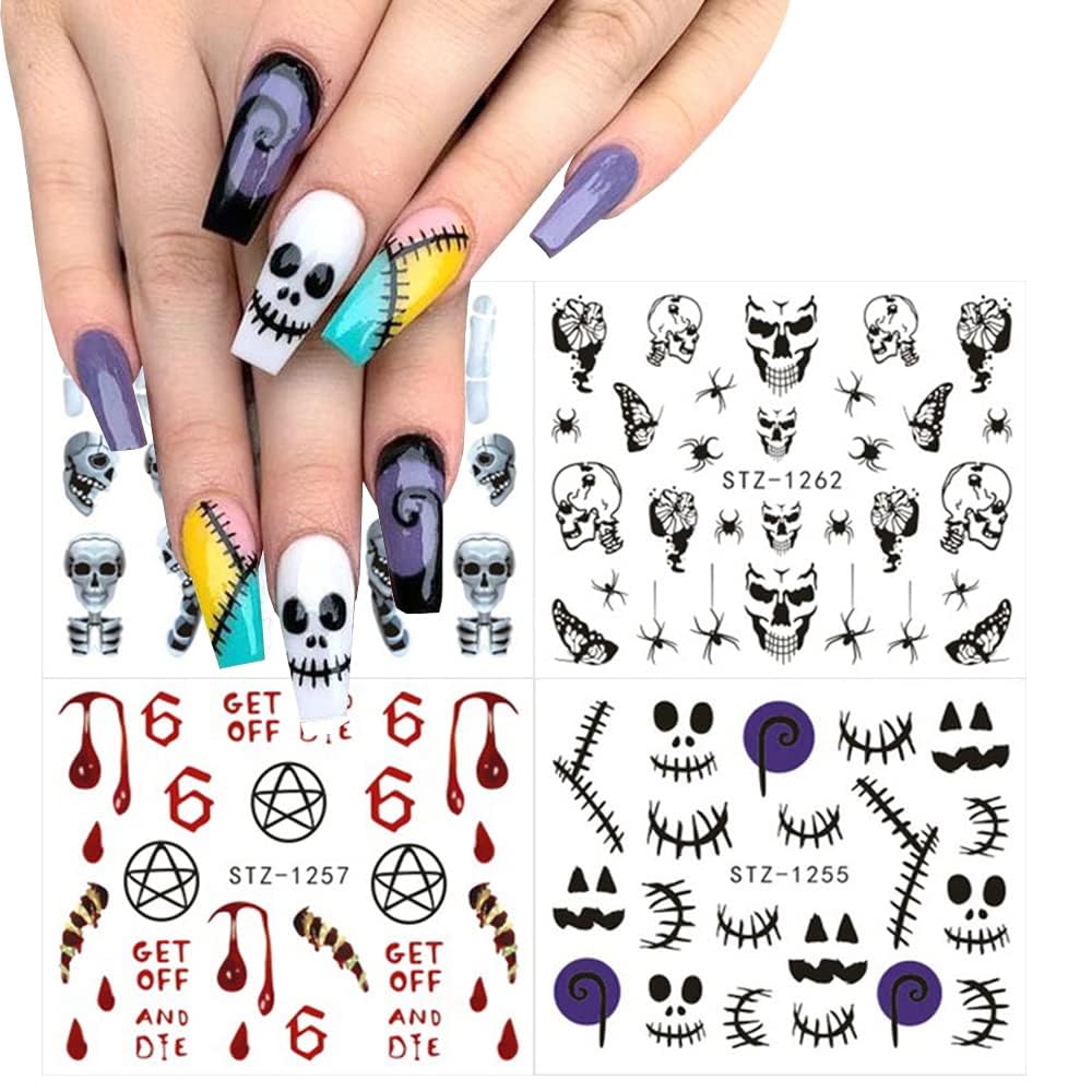 12 Sheets Halloween Nail Art Sticker Decals Horror Water Transfer Nails Foils Pumpkin Ghost Skull Spider Blood Evil Eye Halloween Design Nail Art Decoration Nail Slider Decal for Women DIY Nail Supply-GlimoraGlow