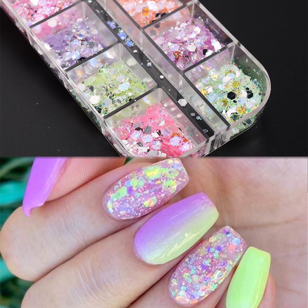 12 Grids Colorful Mermaid Nail Sequin Holographic Nail Art Glitter,Iridescent Nail Art Flake Glitter Decals Glass Paper Design Nail Accessories Acrylic Nails for Women Make Up DIY Nail Decoration-GlimoraGlow