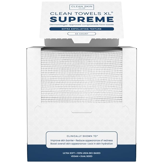 Clean Skin Club Clean Towels XL™ Supreme, 100% USDA Biobased Dermatologist Approved Face Towel, Gentle Exfoliation, Disposable Facial Washcloth, Makeup Remover Dry Wipes, 50 Count-GlimoraGlow