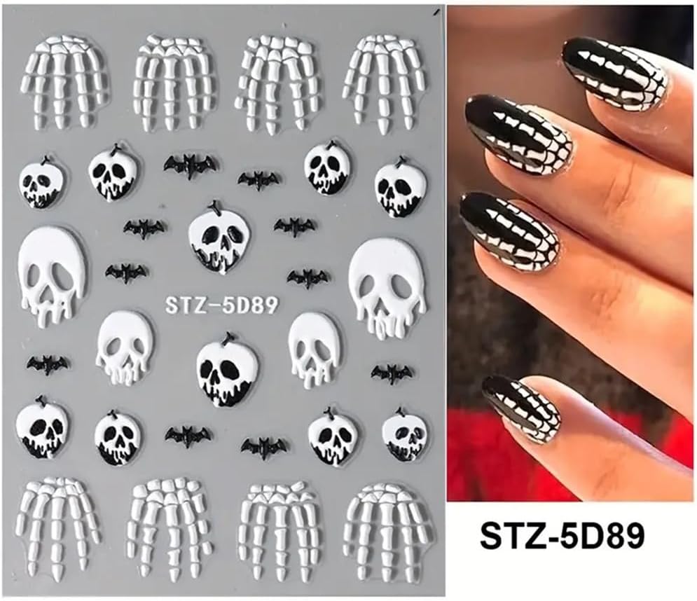 2 Pcs Halloween Nail Art Stickers 5D Embossed Scary Skull Self-Adhesive Nail Decals Halloween Stickers Bat Bones of The Dead Designs Nail Decorations Holiday DIY Acrylic Nail Accessories for Women-GlimoraGlow