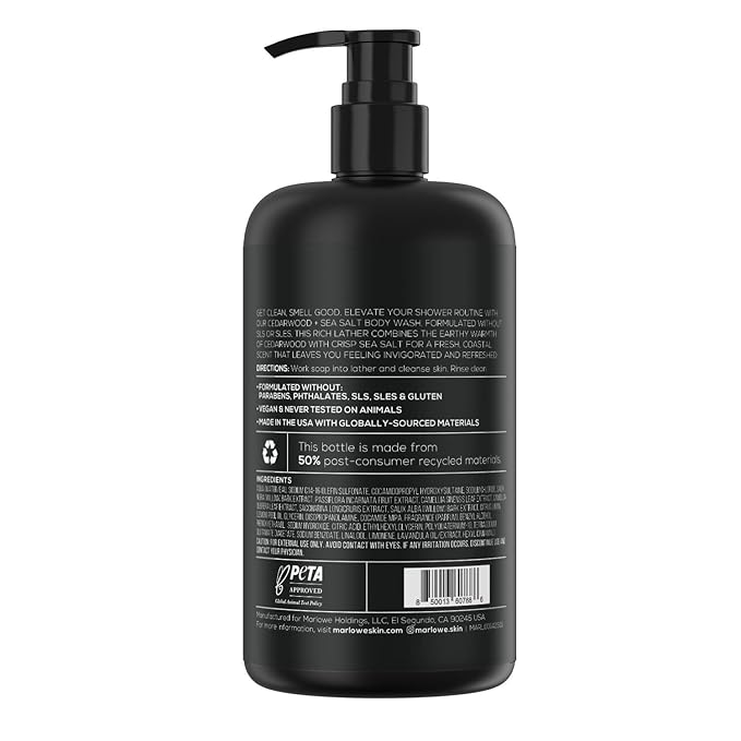 MARLOWE. No. 103 Body Wash 15 oz Pump, Cedarwood + Sea Salt, Energizing & Refreshing Shower Gel, Willow Bark & Green Tea Extracts, Cleanses, Moisturizes, Smooths & Nourishes, Fresh & Zesty Scent-GlimoraGlow