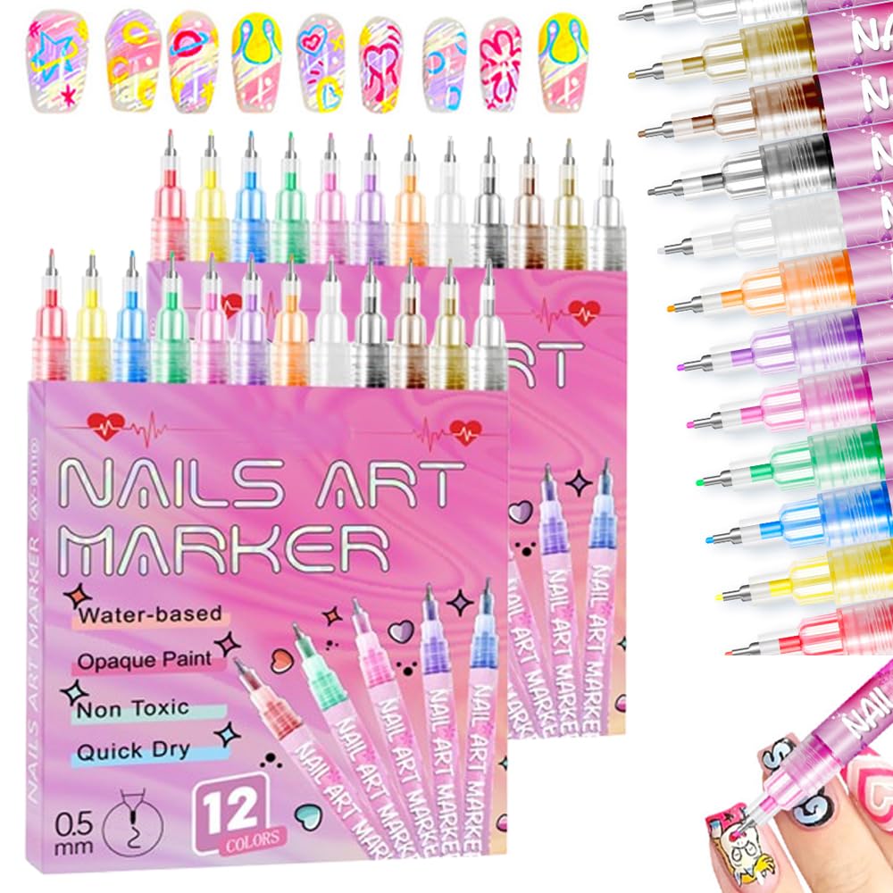 12 Colors Nail Art Pens Set, 2026 New DIY Nail Art Markers for Gel Nails, 3D Nail Polish Pens Quick Dry Graffiti Dotting Point Liner Pens Acrylic Paint Pens Kit for DIY Nail Art Drawing Painting Tools-GlimoraGlow