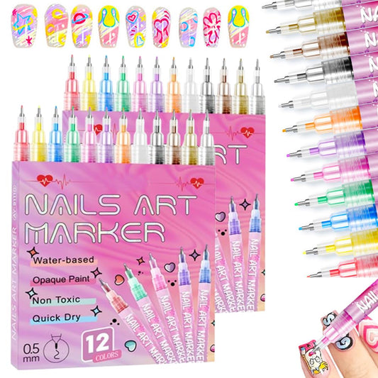 12 Colors Nail Art Pens Set, 2026 New DIY Nail Art Markers for Gel Nails, 3D Nail Polish Pens Quick Dry Graffiti Dotting Point Liner Pens Acrylic Paint Pens Kit for DIY Nail Art Drawing Painting Tools-GlimoraGlow
