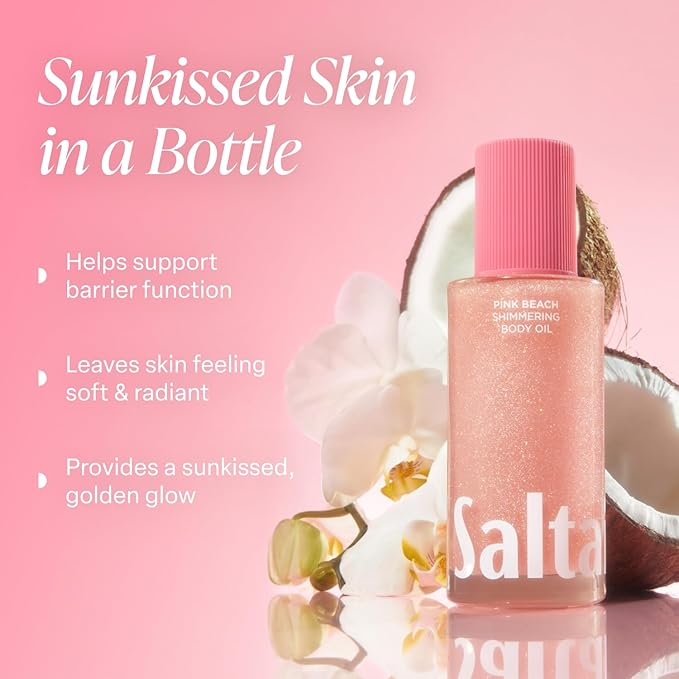 Saltair Shimmering Body Oil - Pink Beach Scented Dry Oil Moisturizer with Light-Reflecting Pearl Pigments. Moisturizing Glow for All Skin Types - 4 Fl Oz-GlimoraGlow