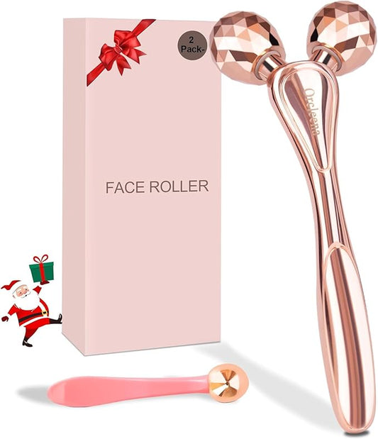 3D Face Roller Metal Facial Massager Face Sculpting Gua Sha Massage Tool for Eye Skin Care Reducing Puffiness Anti-Wrinkle for Women Girl Gift Set(Rose Gold)-GlimoraGlow