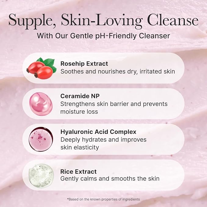 Rosehip Rice Cake Cleanser, pH Balancing Face Wash with Ceramide for Sensitive Skin, 5.29 oz-GlimoraGlow