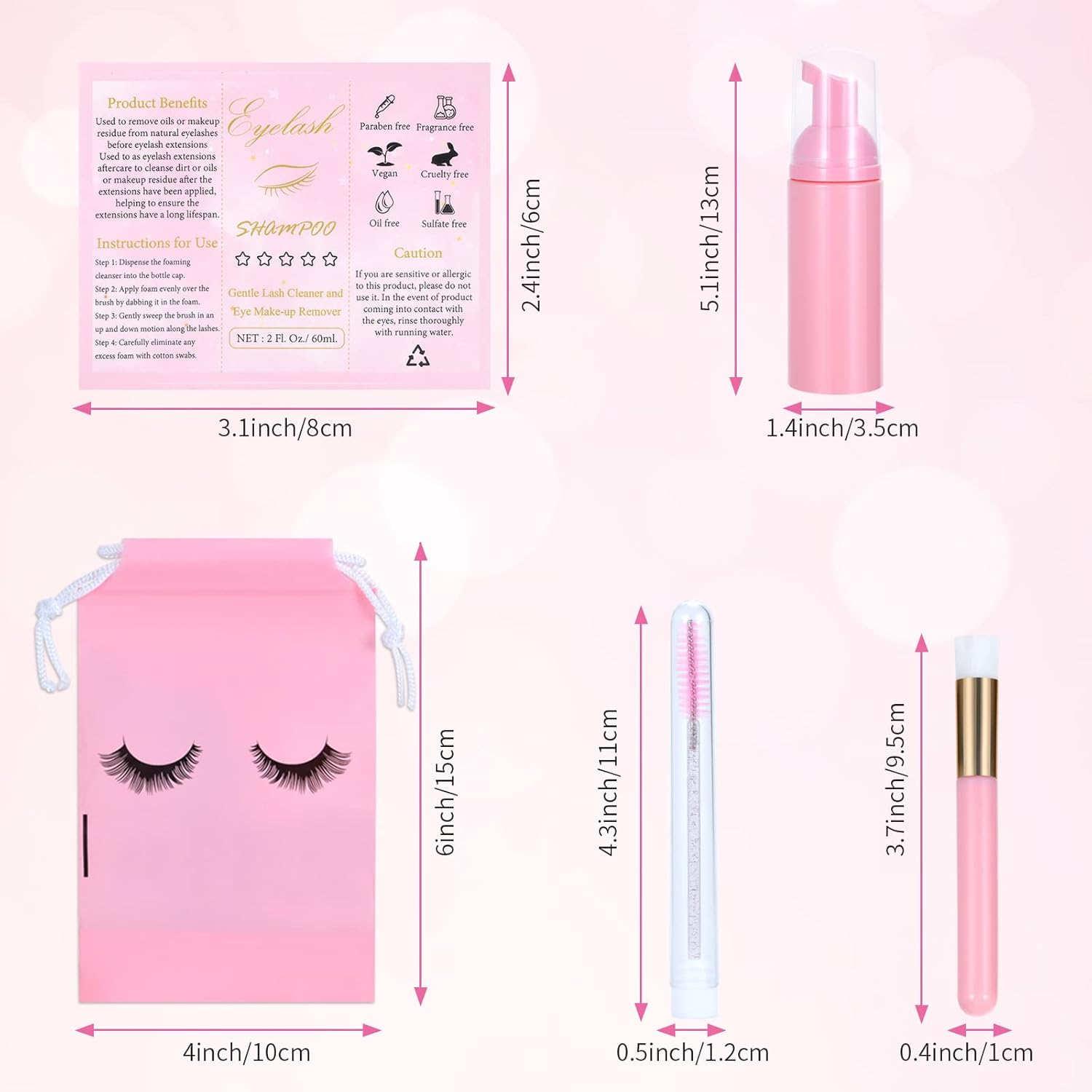 100 Pcs Lash Shampoo Bottle Brushes Set 20 Empty Foam Pump Dispensers 20 Label Stickers 20 Mascara Wands and Tubes 20 Cleansing Brush 20 Bag for Eyelash Extensions Aftercare(Pink)-GlimoraGlow