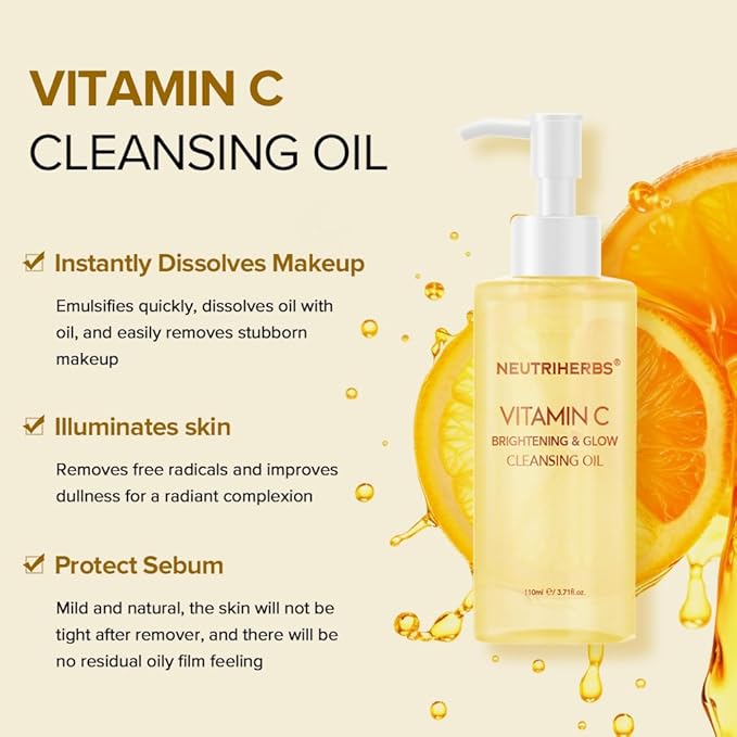 Neutriherbs Makeup Remover Oil Cleanser, Vitamin C Cleansing Oil for Long Last and Waterproof Makeup, Sunscreen, Fit All Skin Type - 3.71 Fl.Oz-GlimoraGlow